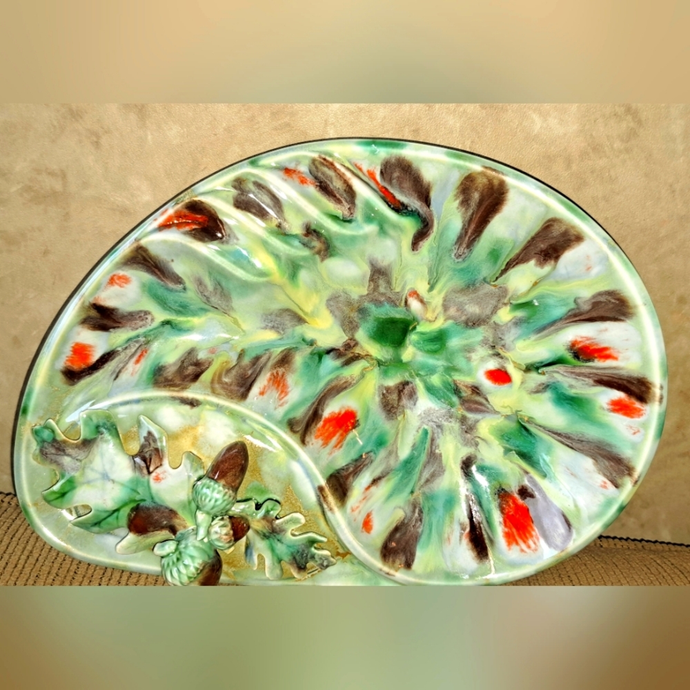 Gorgeous Rare One Of A Kind Ashtray Mold Leaves Acorns 9x7in Glazed
